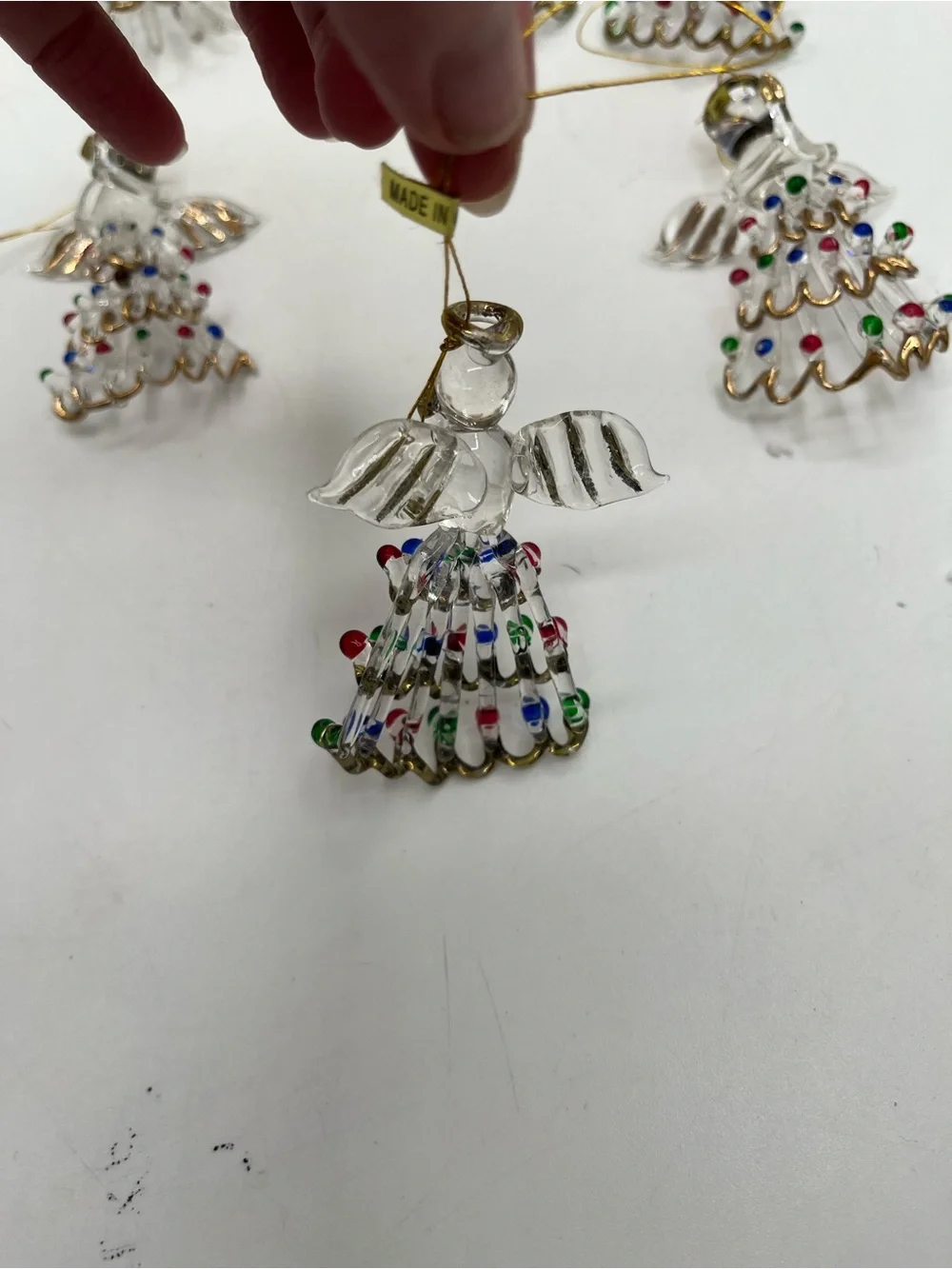 Spun  Glass Angel Ornaments with Gold Trim and Multicolor Beads